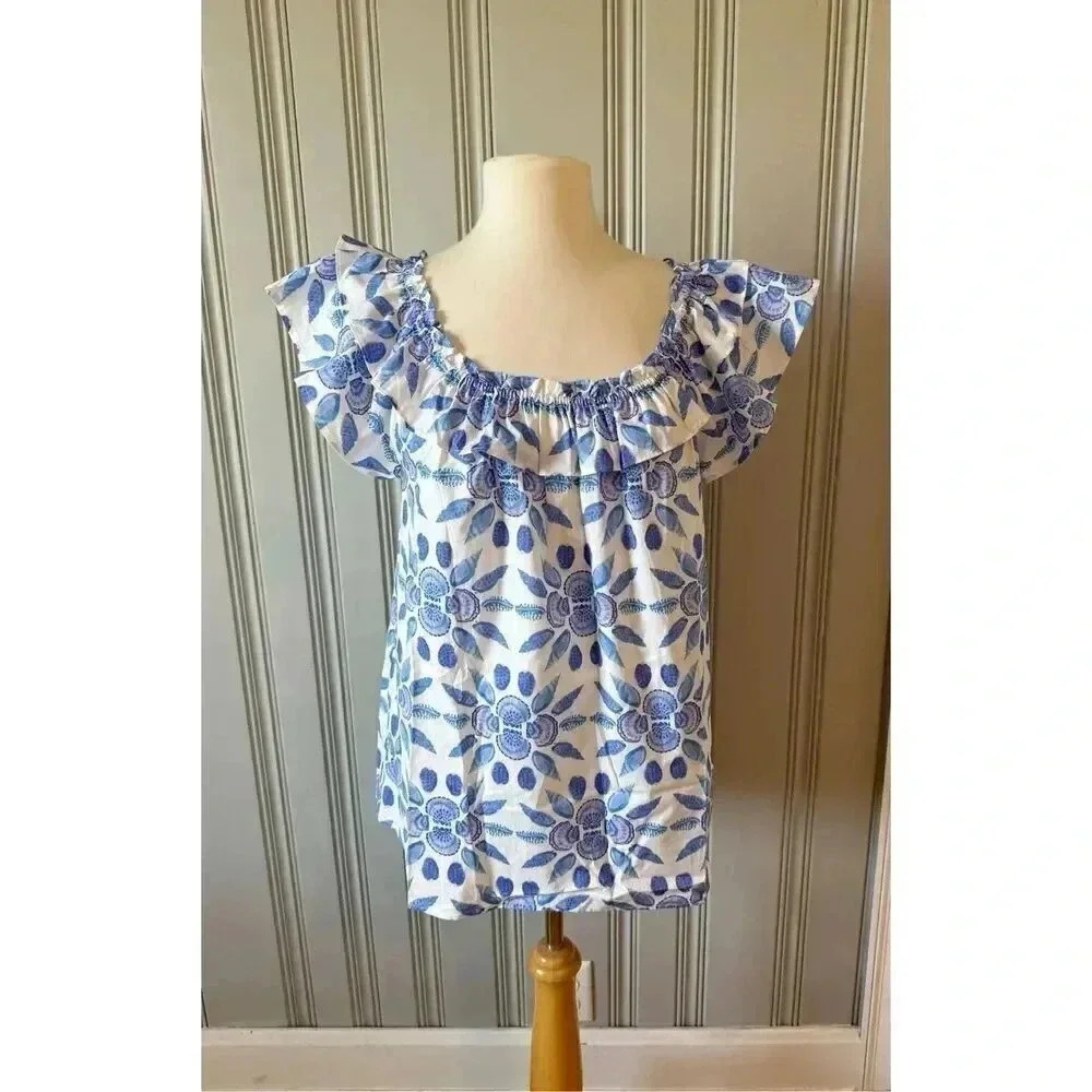 HILL HOUSE, Size Large, Augustine Top Blue Shell Mosaic Ruffle Cotton $95